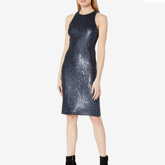 Halston Evening Sexy Bodycon Style Navy Sequinned Cocktail Dress - Picture 11 of 11